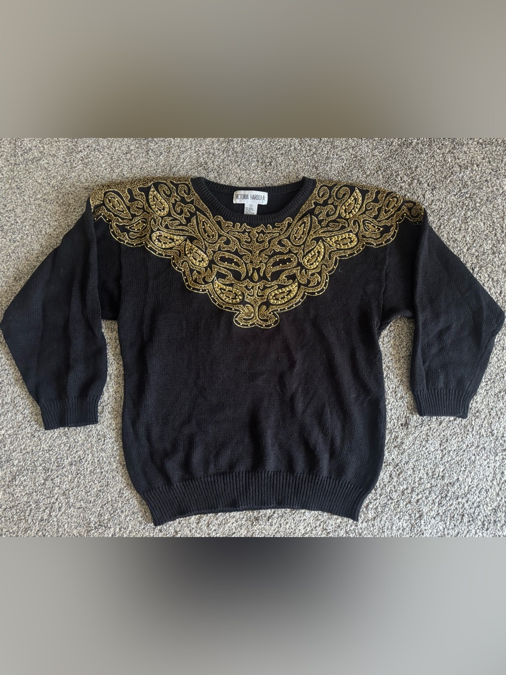 Vintage 80s Victoria Harbour Black Knit Gold Sequined Embellished Beaded Sweater